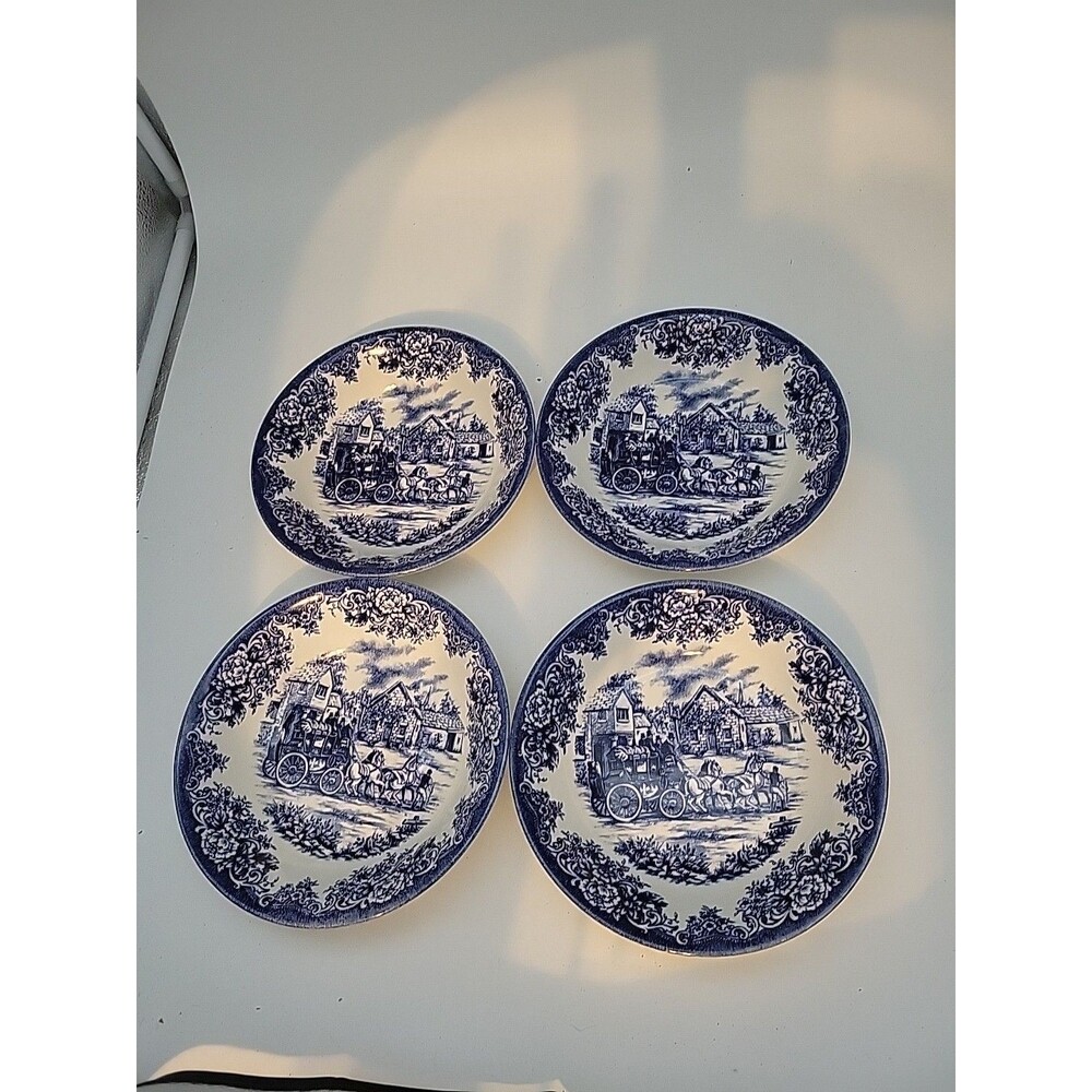 4 Royal Stafford Low Bowl "Coaching Scene"  Blue Transferware Salad Pasta